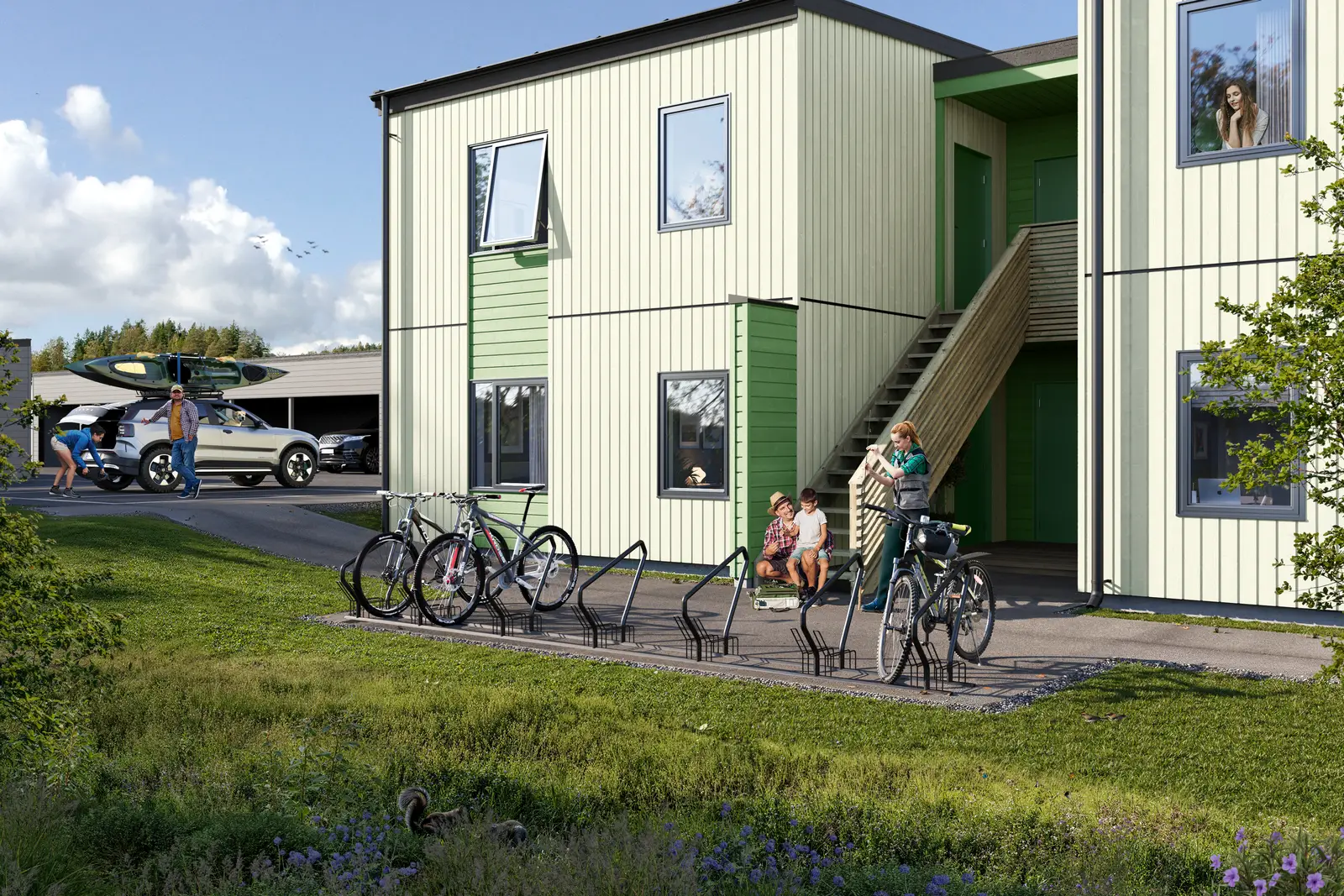 Det vil bli etablert felles carportanlegg med en fast biloppstillingsplass per leilighet. Illustrasjon av fasade og uteområde - endringer vi