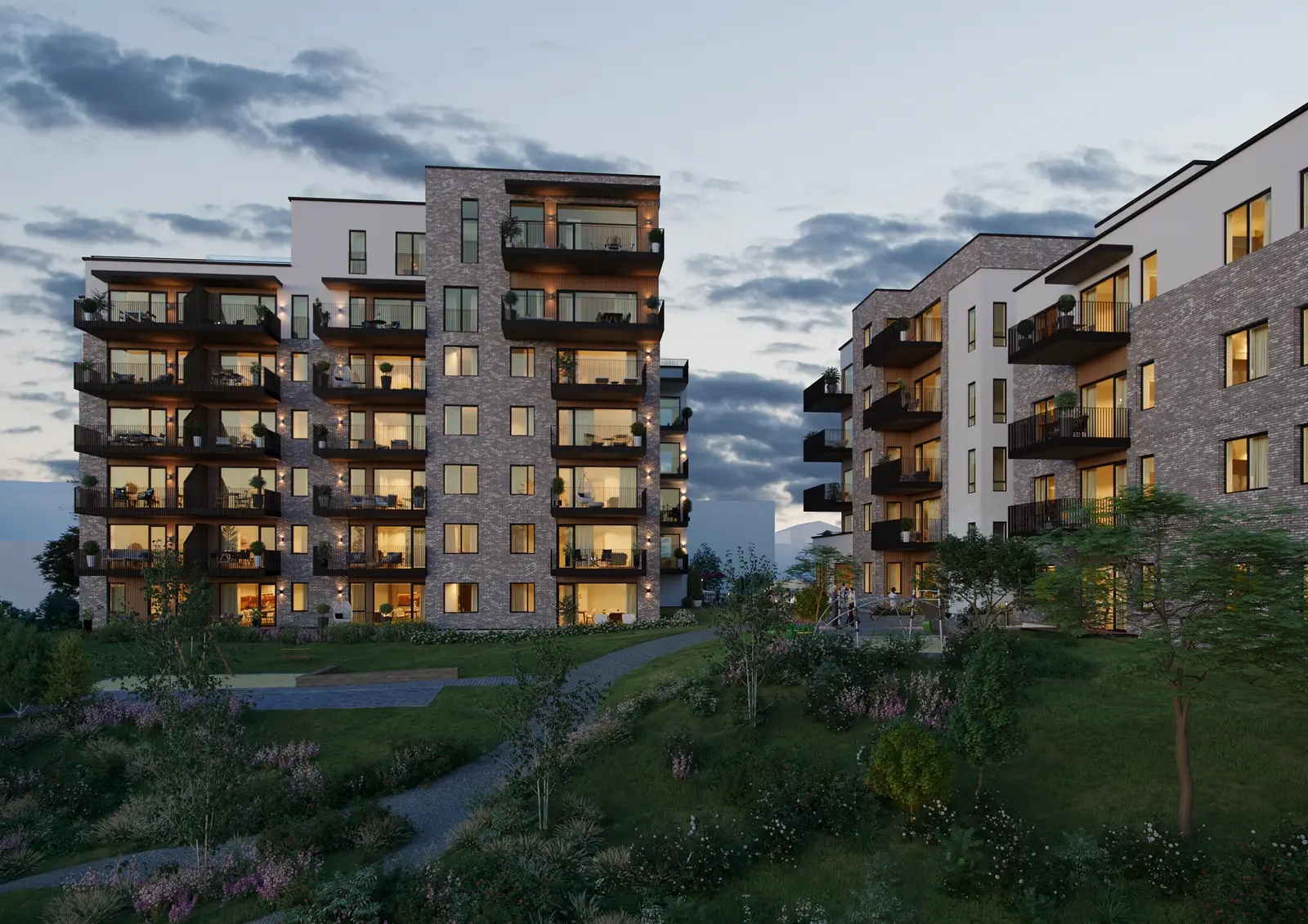 Kveldsstemning - Meierihagen. Illustrasjon av fasade - det vil forekomme avvik mellom illustrasjon og leveranse.