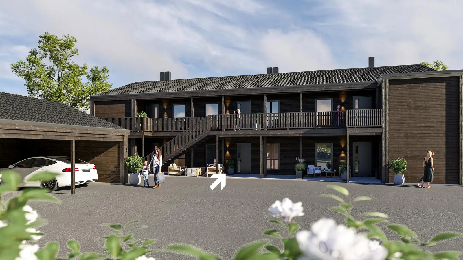 Leilighet 2 ligger attraktivt til i byggets 1. etasje og har trappefri adkomst, vestvendt markterrasse og egen hageparsell. Fast carportplas